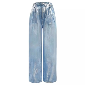 Pantalon large en jean bleu clair à taille haute avec revêtement argenté métallisé