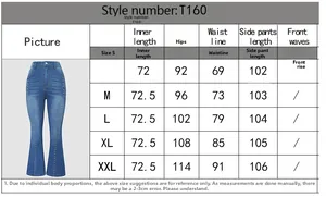 Detailed size guide for high waist flare jeans style T160 with metal rivet accents