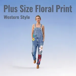 Women Vintage Floral Print Denim Overalls Cotton Jumpsuit With Pockets Adjustable Straps Straight Leg Jean Overalls For Casual Travel