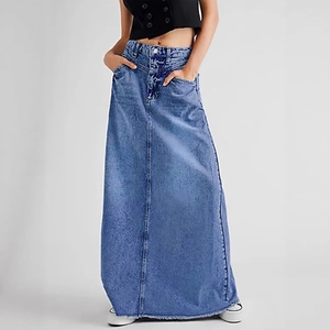 Minimalist high waist A-line denim maxi skirt with raw hem and side pockets in washed blue