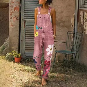 Women's vintage floral print denim overalls with adjustable straps and front pocket
