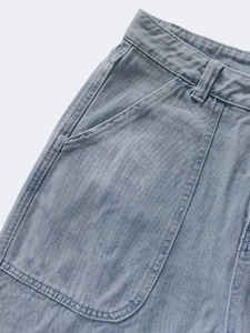 Close-up of light blue denim jeans showing waist detail and fine pocket stitching