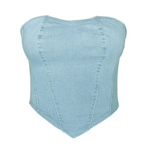 Top a fascia sexy in denim celeste con struttura a corsetto e fondo a punta
