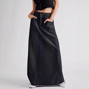 Minimalist high waist A-line denim maxi skirt with frayed hem in black wash denim