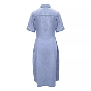 Slim fit light blue denim midi dress with short sleeves and lapel collar, back view