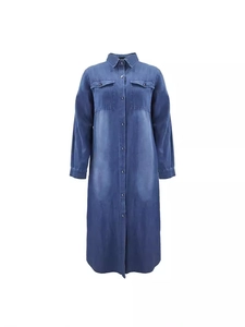 Abito Camicia in Denim Blu Scuro Vintage da Donna Manica Lunga Allacciato Maxi Abito Casual Lavato Misto Cotone Denim Abito Lungo