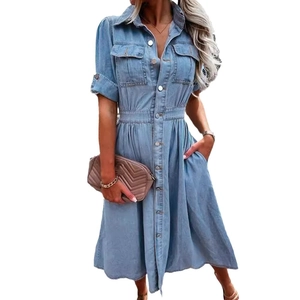 Slim fit light blue denim shirt dress with button-down front and waist pleats for women