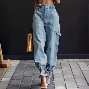 Women's Light Blue Cargo Jeans High Waist Drawstring Cuffed Hem Acid Wash Denim Pants Streetwear Utility Pocket Trousers