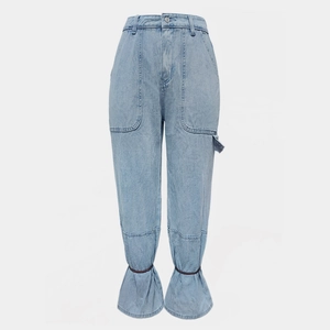 Women's light blue high waist denim pants with cargo pockets and drawstring hem