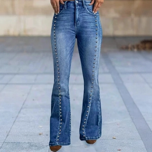 Women High Waist Flare Jeans Rivet Slim Fit Stretchy Denim Pants Elegant Casual Mid Blue Long Bell Bottom Trousers