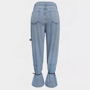 Women's light blue baggy denim jeans featuring unique drawstring cinched cuffs and back pockets