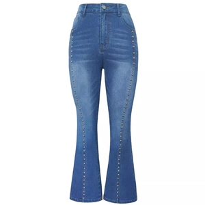 High waist flare jeans for women in mid blue denim with metallic rivet decorative seams