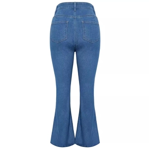 Women's high waist flared blue denim jeans with slim fit lifting back pockets and flared leg