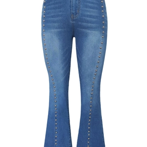 High-waisted flared jeans in blue denim featuring silver rivet studs and slim fit design
