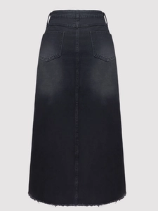 Jupe midi en jean noir à taille haute avec ourlet brut et effet délavé vintage dos