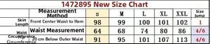 Size chart for high waist A-line skirt with lengths and measurements from S to XXL