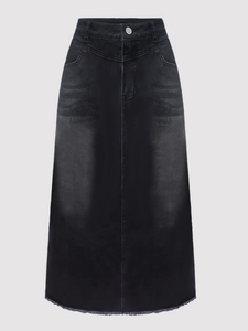 Jupe midi en jean noir à taille haute coupe trapèze avec délavage et ourlet effiloché
