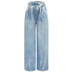 Jeans en Denim pour Femmes avec Revêtement Argent Métallisé Taille Haute Jambe Large Streetwear Tendance Jambe Droite Délavé