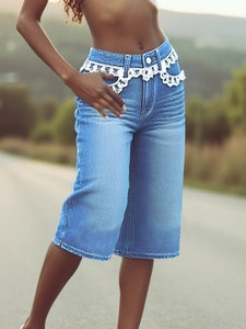 Women's Light Blue Denim Capri Pants With White Lace Trim High Waist Straight Leg Loose Casual Summer Denim Bottoms