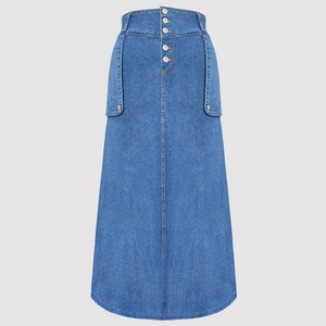 Detail view of denim skirt featuring high waist, metal buttons and functional side pockets