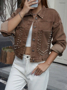 Damen Vintage Dunkelbraun Denim Jacke Schlanke Passform Kurze Oberbekleidung Mit Silber Metallnieten Punk Streetwear Langarm Top