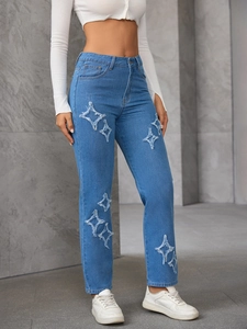 Jean droit taille haute pour femme bleu clair avec détails d'étoiles usées vintage