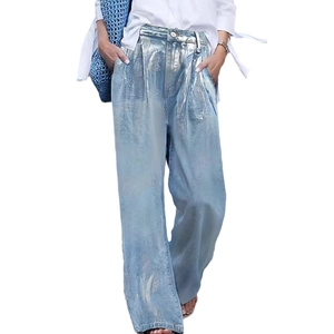 Jean large bleu clair avec revêtement argenté métallisé et taille haute coupe décontractée