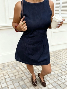 Plus Size Women Denim Mini Dress Sleeveless Round Neck Sexy Backless A-Line Casual Dark Blue Summer Short Jean Dress For Lady