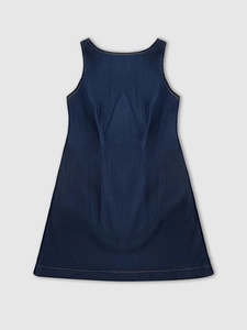 Detailed view of the dark blue sleeveless denim dress with A-line cut and neat stitching