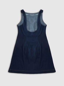 Detail view of deep blue sleeveless denim dress with a stylish large U-neckline design