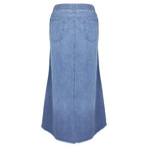 Detail of high waist elastic denim skirt with back pockets and raw frayed hemline
