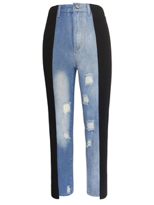 Slimming high waist patchwork jeans with distressed details and contrast side panels