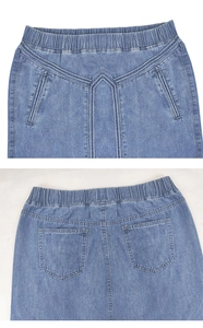 Detail of high waist denim skirt with elastic waistband and herringbone decorative stitching