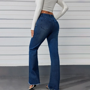 Vintage high waist flared jeans for women with distressed raw hem and slim fit silhouette