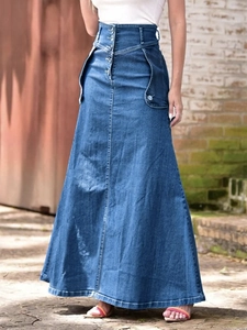 Women High Waist Denim Midi Skirt Vintage A-Line Swing Umbrella Skirt With Multi Button Closure And Large Pockets Casual Jean Skirt