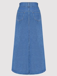 Back view of high waist A-line denim maxi skirt in mid-blue with functional back pockets