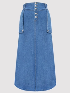 High-waist A-line blue denim maxi skirt with five buttons and large decorative pockets