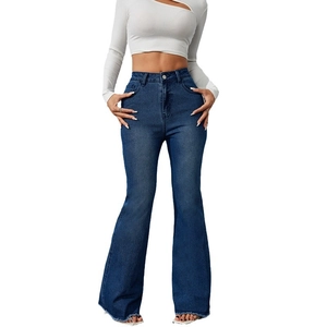 Retro blue high-waist flared jeans with slim fit design and raw hem fringe details