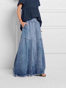 Women Casual Denim Maxi Skirt High Waist A-Line Spliced Retro Jeans Skirt With Frayed Hem Vintage Cotton Blend Long Bottoms