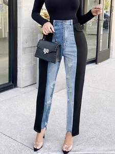 Women High Waist Spliced Ripped Jeans Blue Black Contrast Denim Pants Distressed Skinny Trousers Cotton Blend Streetwear Casual