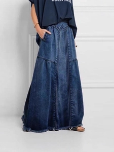 Women's A-line high waist denim maxi skirt in dark blue with frayed hem and seam details
