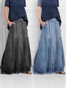 High waist A-line denim maxi skirt with frayed hem and vintage V-shaped stitching details