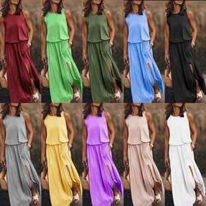 Women's crew neck sleeveless maxi dress with waist elastic and side slit in 10 colors