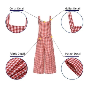 Detailed views of red gingham wide-leg jumpsuit with collar and pocket features