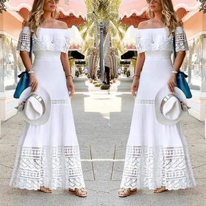Elegant white off-shoulder lace maxi dress with bohemian hollow out embroidery details