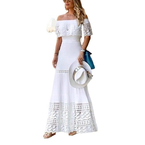Close-up of the elegant off-shoulder neckline with intricate bohemian lace detailing
