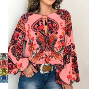 Chemisier Bohème Femme Imprimé Perroquet Floral Mousseline Polyester Manche Lanterne Lien Gland Col Rond Haut Décontracté Vacances