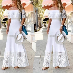 Elegant white off-shoulder maxi dress with bohemian lace crochet detailing for summer