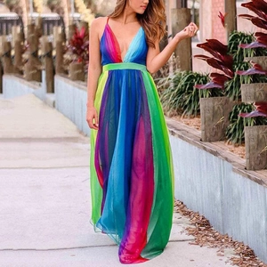 Sexy rainbow gradient mesh maxi dress with deep V-neck and spaghetti straps for summer