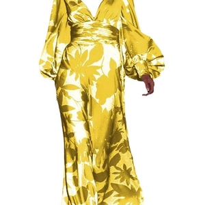 Detail of elegant yellow floral maxi dress with satin finish and puffy long sleeves